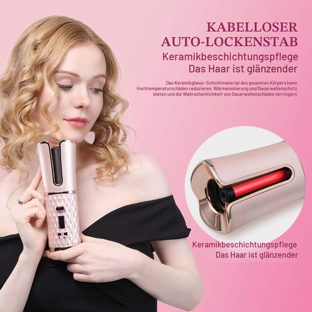Schnurloser Automatischer Lockenstab, Wiederaufladbarer Tragbarer USB-Lockenwickler mit Keramikbeschichtung und 6 Temperatureinstellungen, Intelligenter Lockenstab mit Verbrühschut - Gold