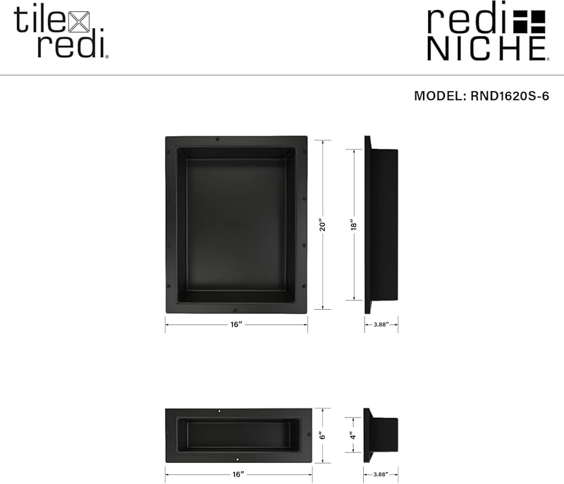 Redi Niche Double Recessed Shower Shelf – Black, Two Shelves, 16-Inch x 26-Inch x 4-Inch 26" H x 16" W 2 Shelves