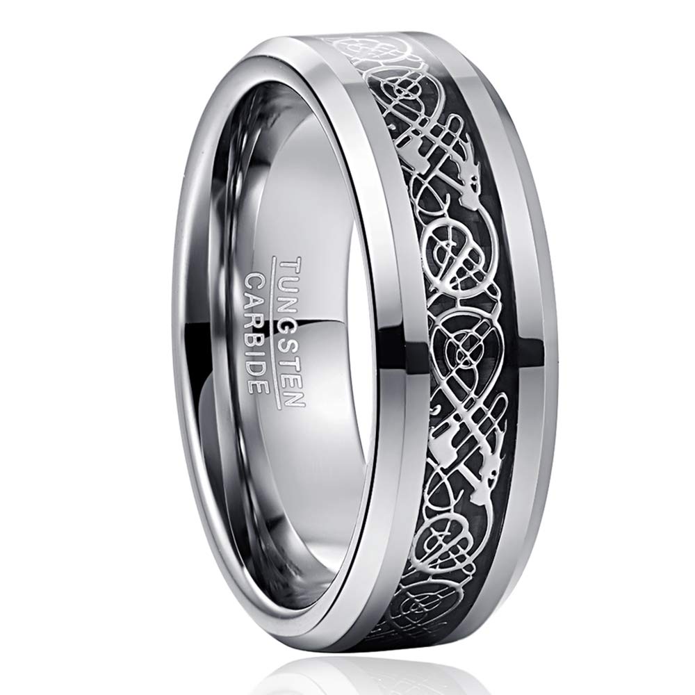 Vakki メンズ リング タングステン 炭素繊維 カーボンファイバー ドラゴン 竜紋 指輪 耐久性に 高級 平打ち 幅 8mm 指輪 サイズ16号 カラー：ブラック