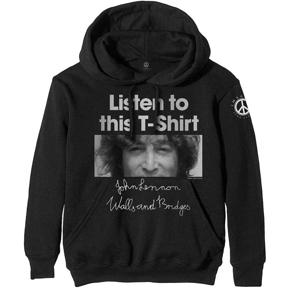 John Lennon Men's Listen Regular Fit Crew Neck Long Sleeve Hoodie, Black (Black Black), Large (Manufacturer Size:Large)