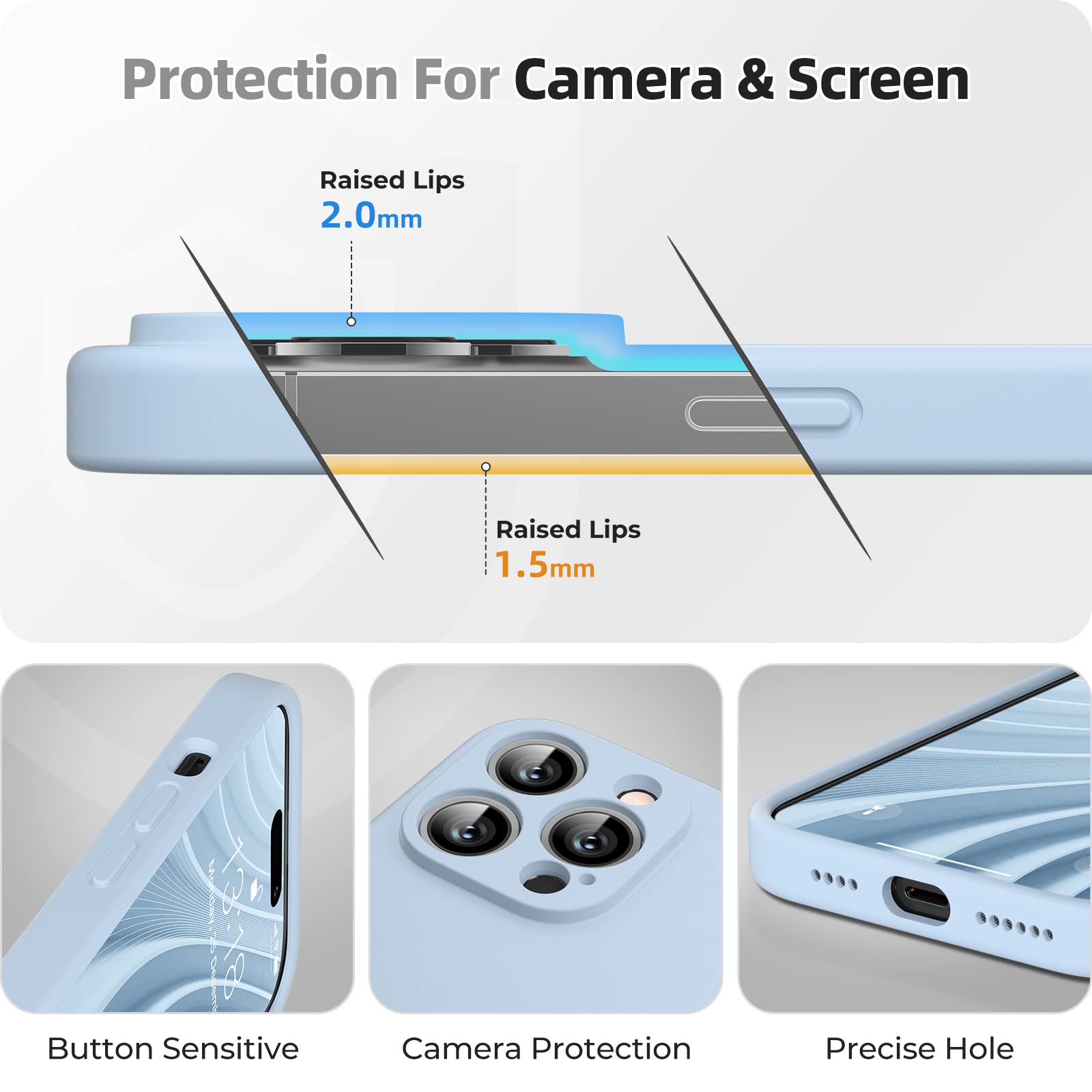 GOODVISH 3 in 1 Cover per iPhone 14 Pro Max Silicone per 6,7", con 2 Pezzi di Pellicola Protettiva, iPhone 14 Pro Max Custodia per Cellulare Antiurto Resistente 360° Protezione, Blu Grigio