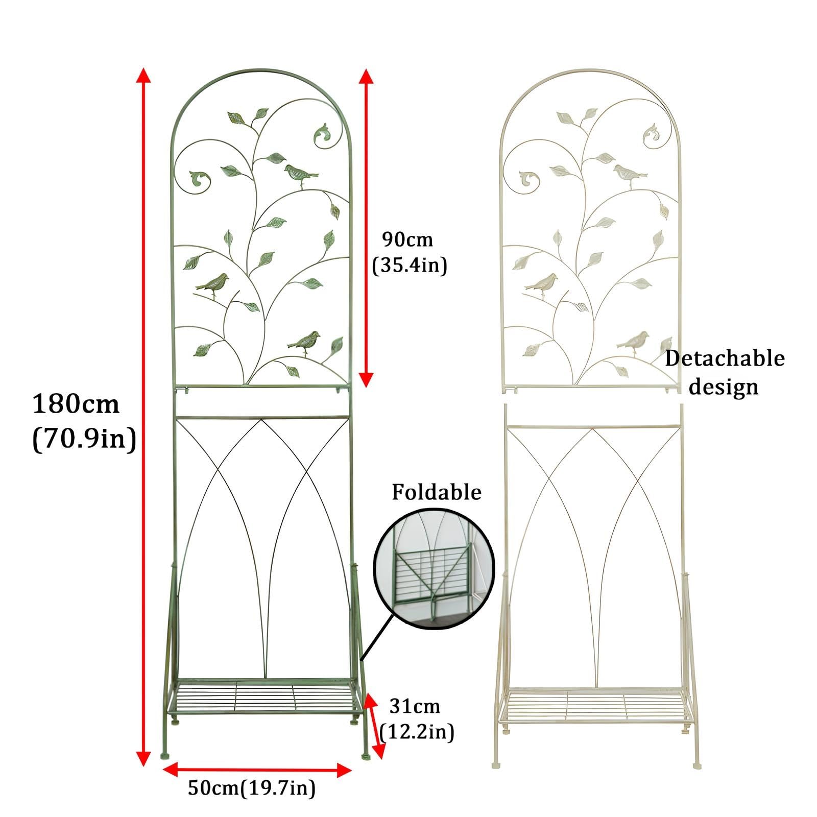 Rankgitter Metall, Rankhilfe mit klappbarem Regal, 180 cm hoch dekorative Gartenzaun für Kletterpflanzen, Pflanzenstütze, Rankspalier für Blume Gemüse(Green)