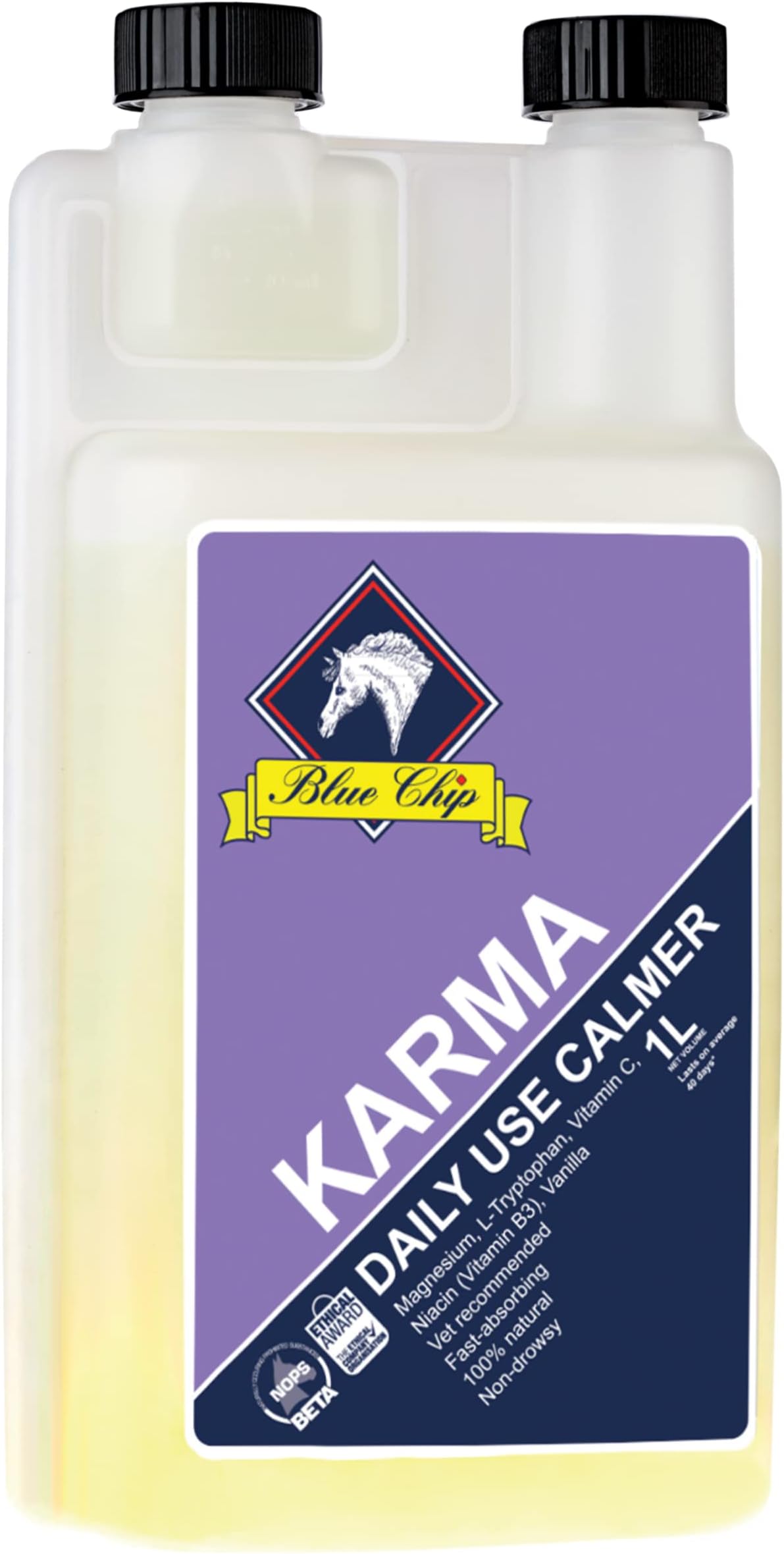 Blue Chip Liquid Karma 1 litre. Triple action liquid calmer for calming and anti stress. Contains Magnesium, L-tryptophan and Vitamin C.