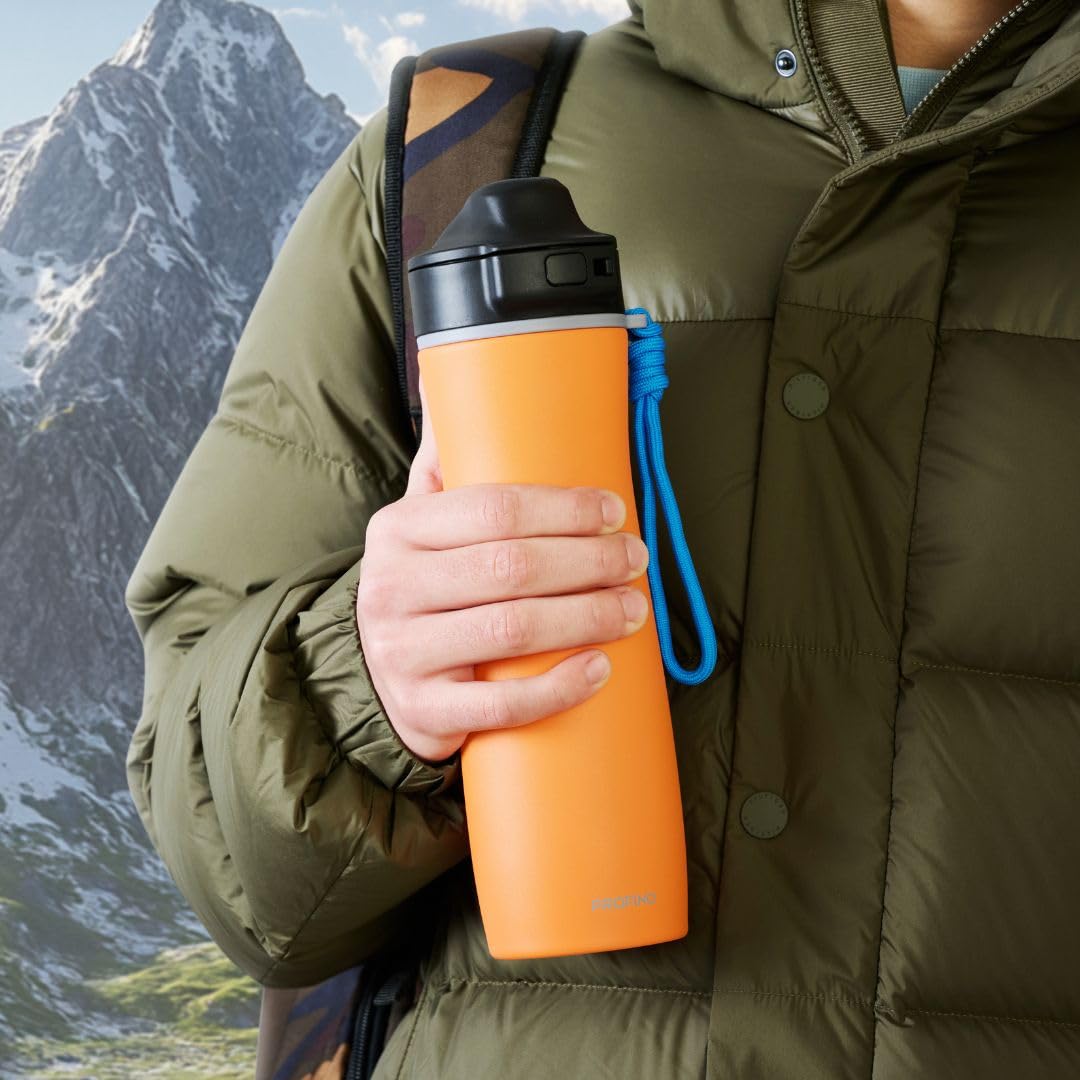 Borraccia isolata attiva, in acciaio inox, 625 ml, arancione, con flip-cap, per bere una sola mano, a prova di perdite, calda 6 ore, in acciaio riciclato, con nastro, per attività all'aperto e