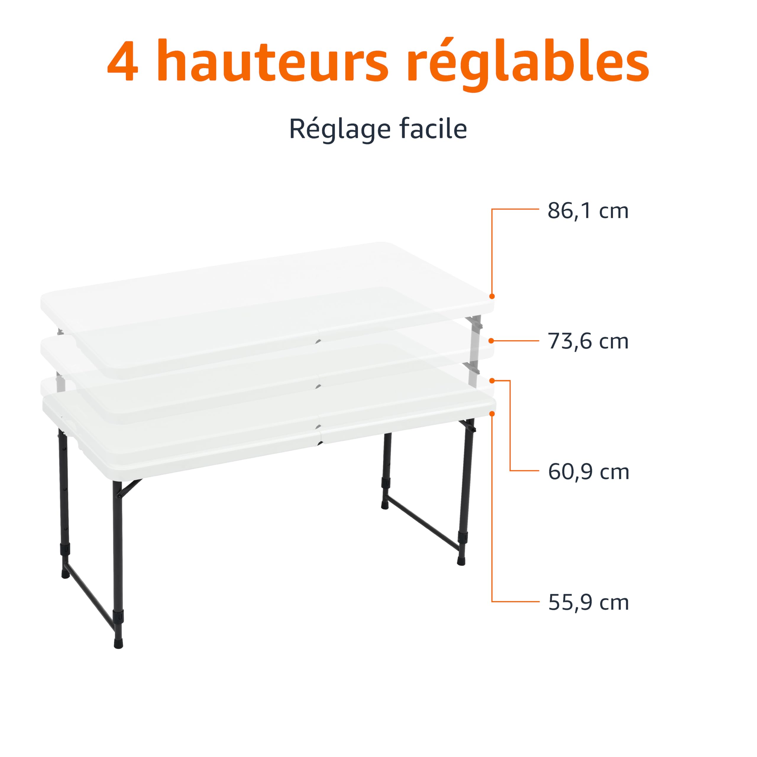 Amazon Basics Table Pliante rectangulaire Blanche, 4 hauteurs réglables, poignée de Transport, pour intérieur et extérieur, Portable, légère, pour Voyage, Pique-Nique, Camping, 121,4 x 60,7 x 86,1 cm