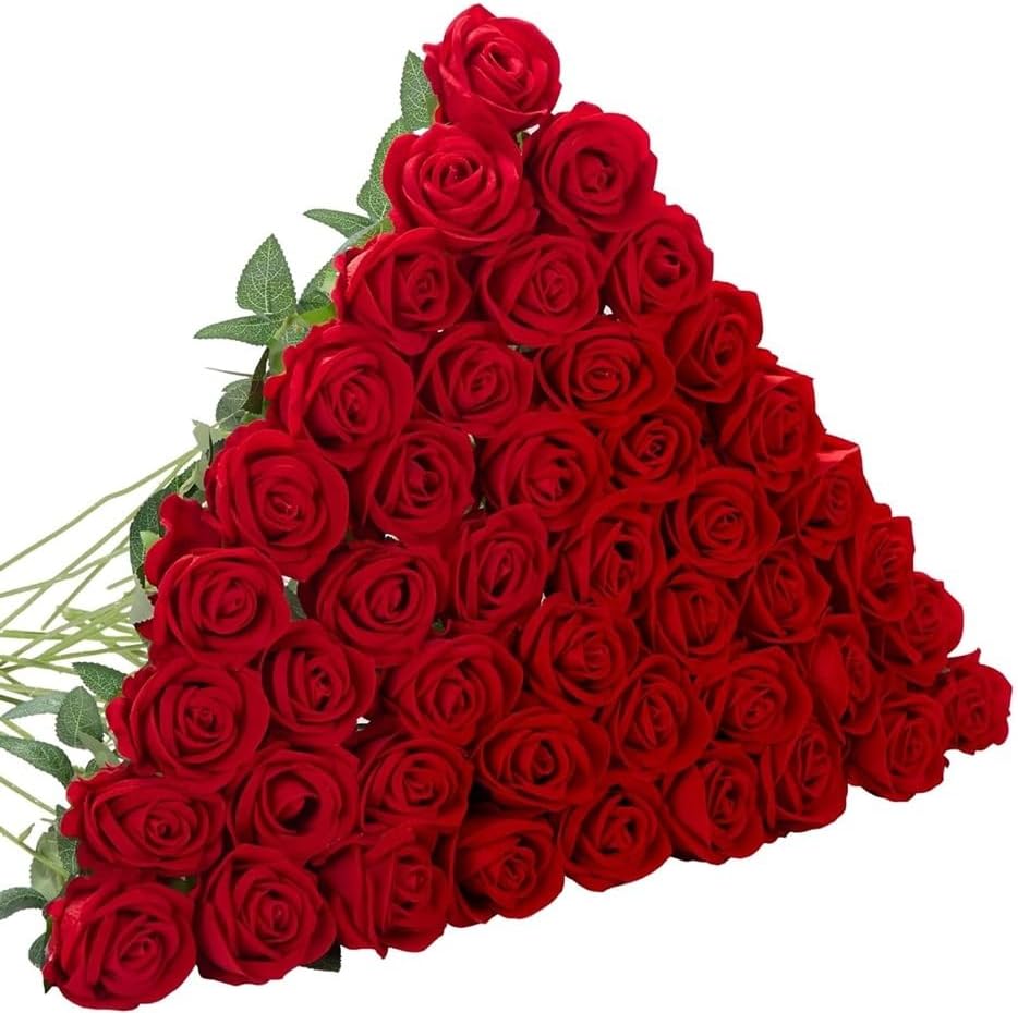 Artificial Roses 50 Pcs Velvet Silk Rose Real Touch Long Stem Fake Flowers in Bulk for Flower Arrangement Wedding Centerpieces Home Party Decor (Red)