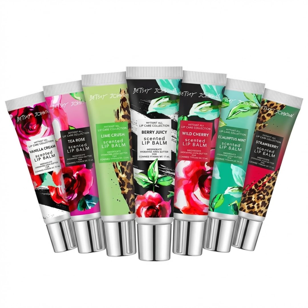 Betsey Johnson Lip Balm Set, 7 Pack Hydrating Lip Balm with Argan Oil & Shea Butter, Moisturizing Lip Balm for Dry Cracked Lips, Cute Scented Mini Lip Balm