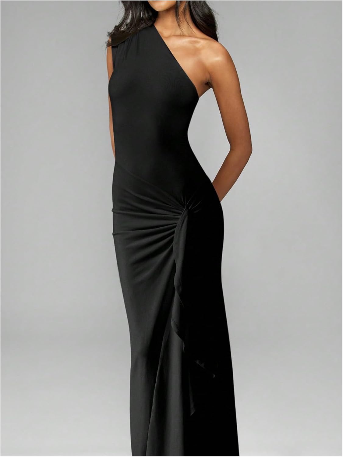 Verdusa Women's Ruffle Slit One Shoulder Maxi Dresses Cinched Waist Wedding Guest Dress Formal Outfits - Image 4