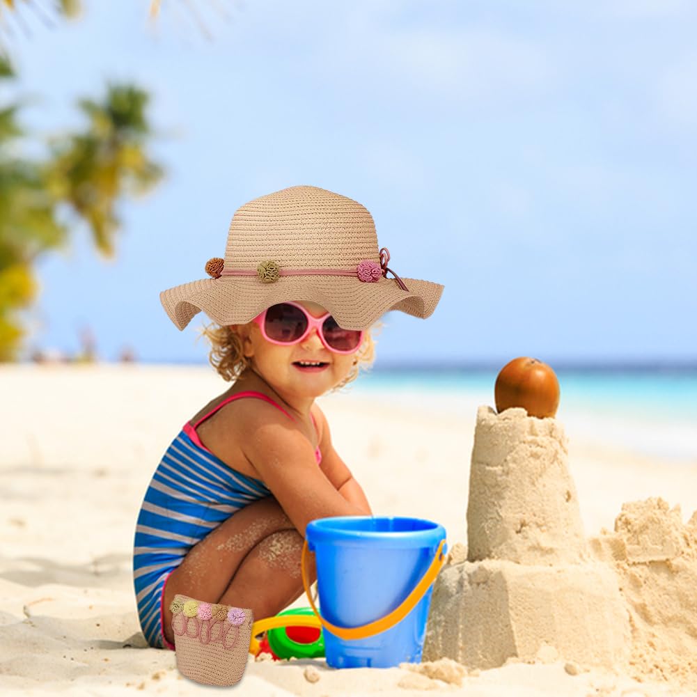 Cappello Da Spiaggia Estivo e Mini Di Borse Set,Cappello Da Sole In Paglia Bambino,Cappello Di Paglia Estivo Per Bambini a Tesa Larga Per I Bambini Turismo Vacanze Spiaggia Attività All'Aperto(Cachi)