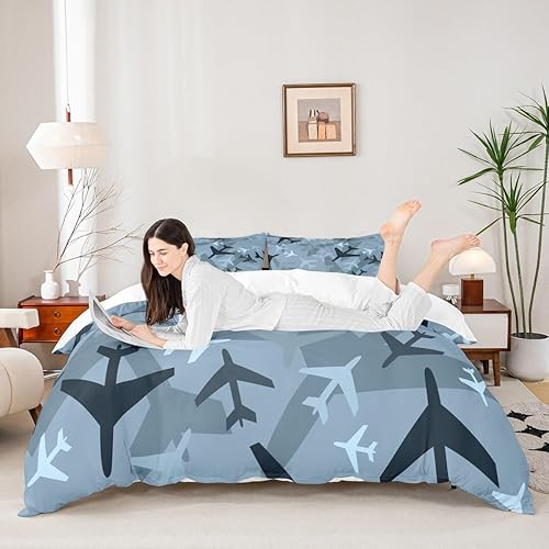 Juego de funda de edredón de avión de camuflaje tamaño individual, juego de ropa de cama de 2 piezas con diseño de avión de dibujos animados para