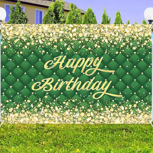 Image of Birthday Decorations Backdrop 8 x 6 ft Green Golden Happy Birthday Banner Large Birthday Party Background for Men Women Kids Photo Shoot Supplies (Green-Birthday, 8 * 6 ft)