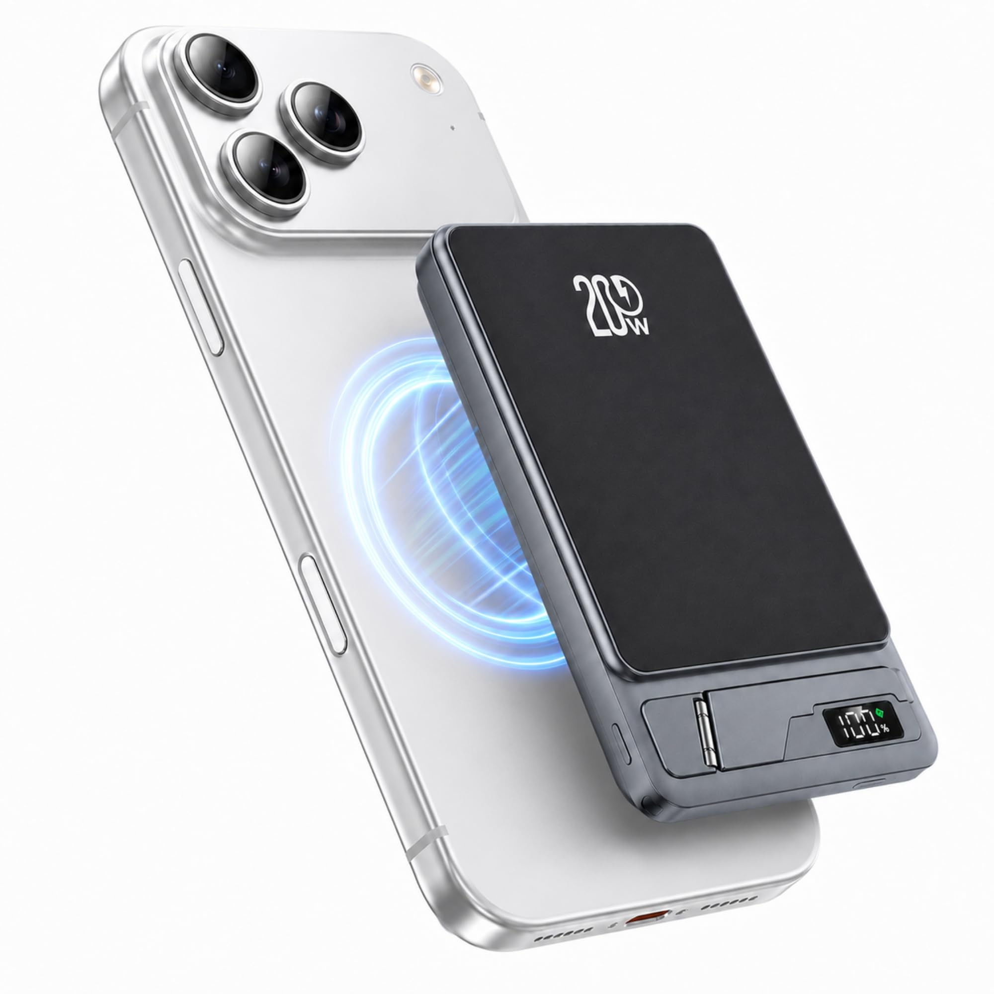 Banco de Energía Inalámbrico Magnético, Cargador Portátil Inalámbrico 3 en 1, Banco de Energía con Soporte Incorporado Apto para Teléfono iOS 12 a 17 USB C 10000mAh 20W (Grey)