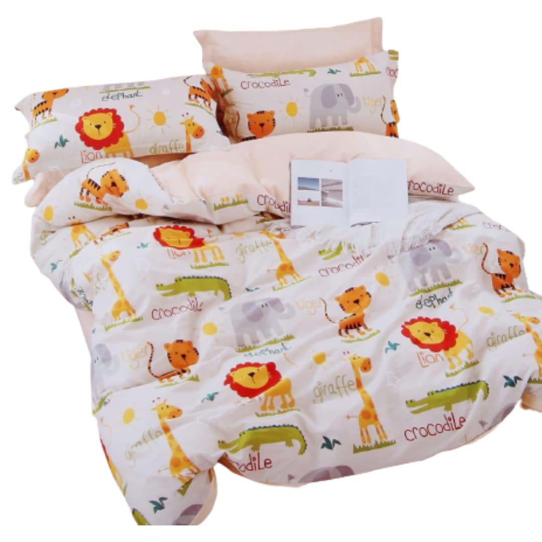ECOHOM HOME FURNISHINGS Dinosaur Cartoon Printed Kids Bedsheet for Double Bed King Size - Cotton - 90x100 inches with 2 Big Size Pillow Covers- Multicolor Kid Double Bedsheet (Wild Animal)
