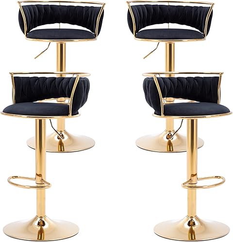 Miniatura 8 de HEAH-YO Juego de 1 taburete de bar tejido, taburete de bar ajustable con respaldo y base dorada maciza, taburete de cocina giratorio de terciopelo