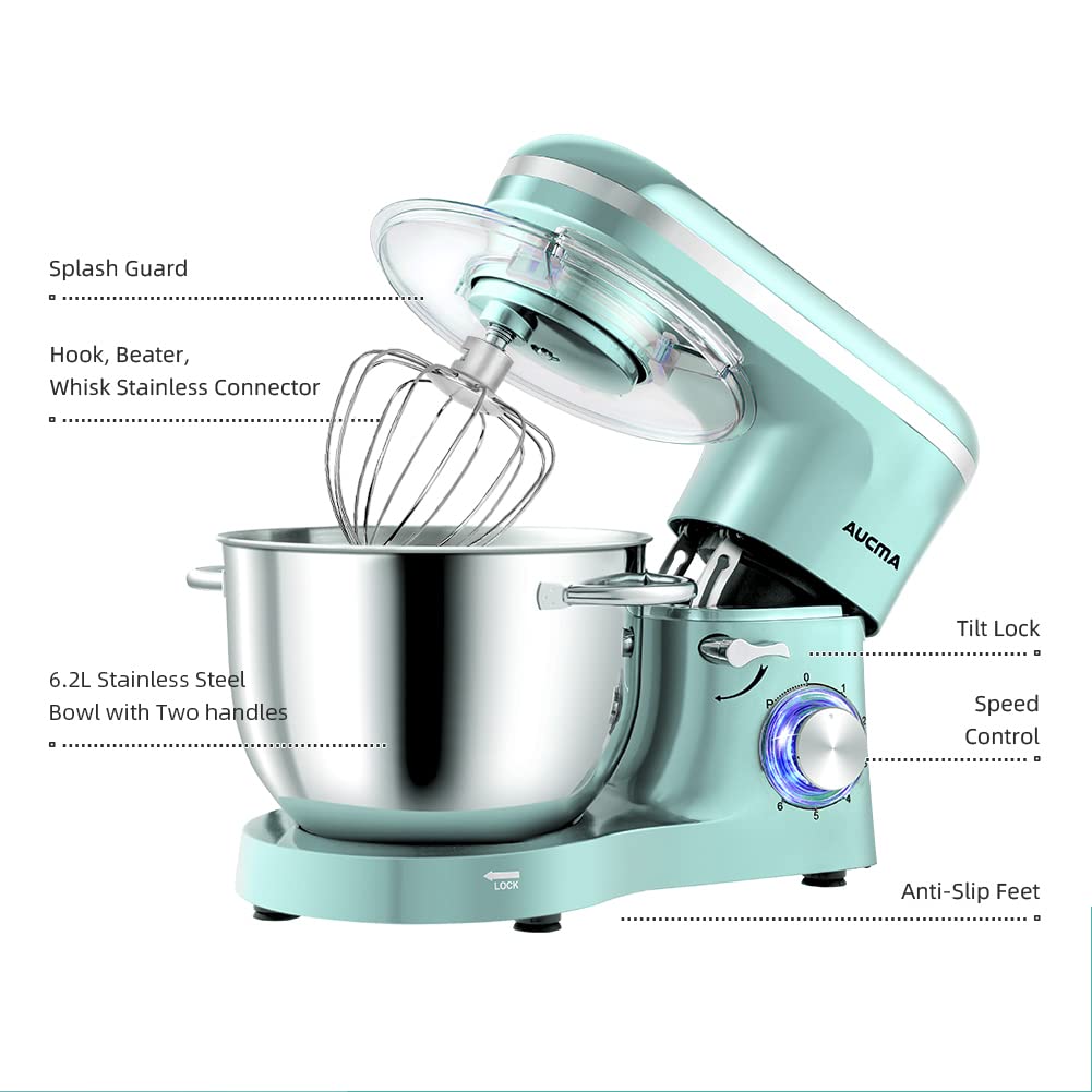 Aucma Stand Mixer, 6.2L Food Mixer, Electric Kitchen Mixer with Bowl, Dough Hook, Wire Whip & Beater (6.2L, Blue) - Image 4