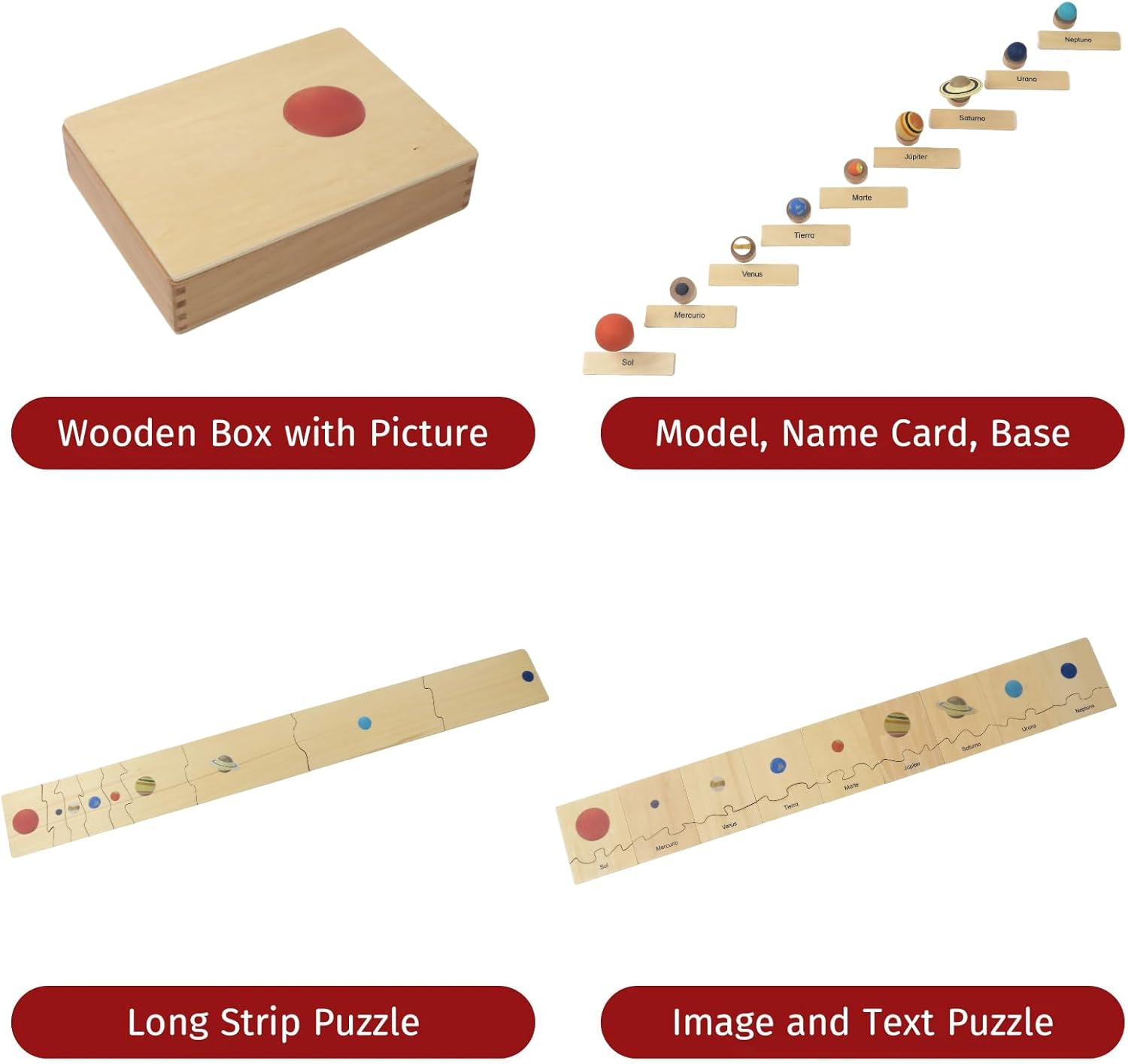 ancona Solar System, Spanish/Simplified Chinese with Pinyin, Montessori Geography Memory Matching Game Box Set for Preschool with 9 Planet Figurines & Matching Puzzle Cards, Early Education Toy