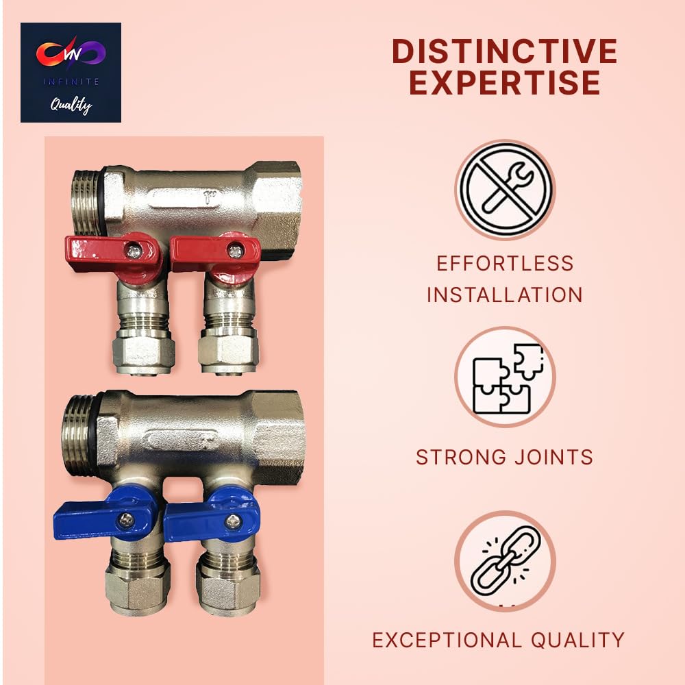 Collettori PEX idraulici da 3/4" con valvole a sfera Pex da 1/2", collettore di calore radiante, collettori per riscaldamento a pavimento per tubi PEX, maniglie blu (6 anelli blu)