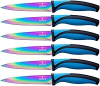 Vista 12 de SiliSlick Juego de cuchillos para carne de acero inoxidable, cuchillos de cocina coloridos con revestimiento de titanio con borde recto, suave