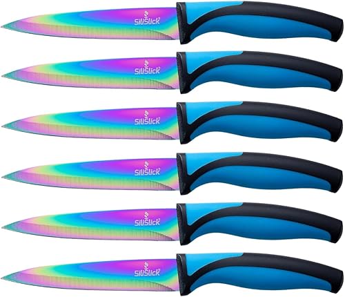 Miniatura 12 de SiliSlick Juego de cuchillos para carne de acero inoxidable, cuchillos de cocina coloridos con revestimiento de titanio con borde recto, suave y