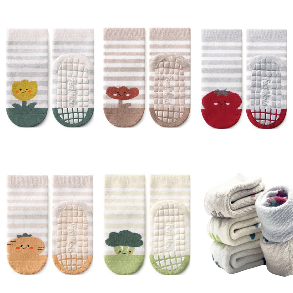Fedmois Plant 5 Pairs Baby Kids Cozy Warm Winter Socks Anti-Slip Infant Toddler Thermal Crew Socks, 1-3 Years
