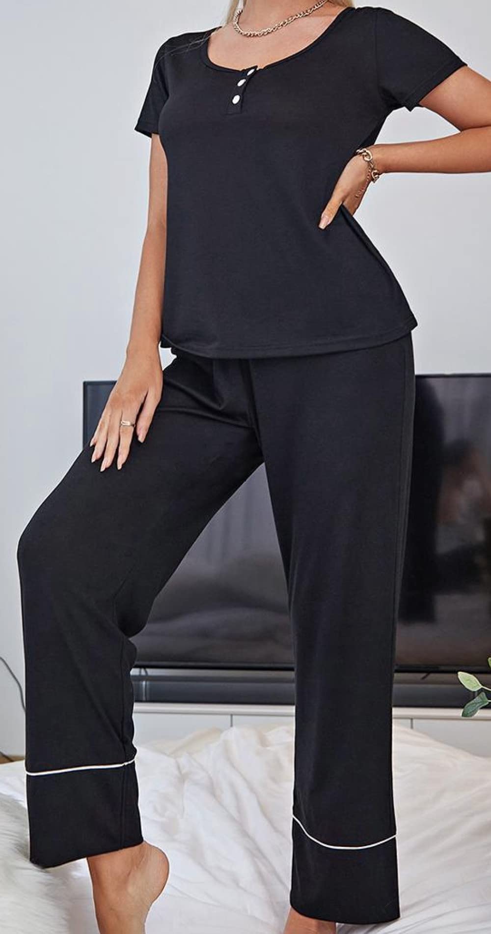 Pijama De Mujer Manga Corta,Pantalones De Pierna Ancha con Parte Superior De Color Sólido Negro Pijama De Manga Corta De Verano para Mujer Conjunto De 2 Piezas Pijama De Moda Suave Ropa De Descanso