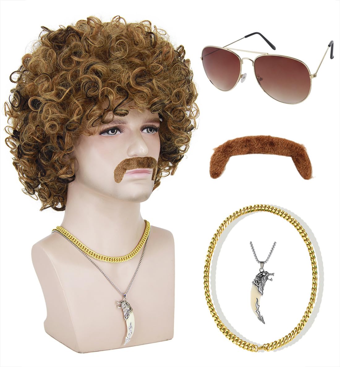 DE091M Men's 70s Disco Wig Short Curly Wigs for Men with Accessories Short Afro Wigs for Carnival Costume Halloween Blonde Mix Brown