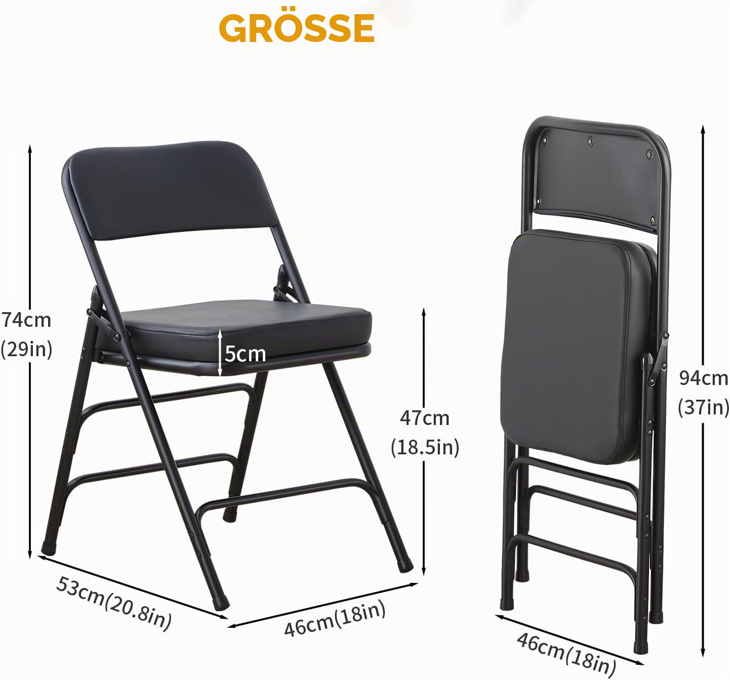 BOOSDEN Gepolsterter Klappstuhl mit dickem Kissen, robuster Metall-Klappstuhl für Outdoor & Indoor & Essen & Party, Schwarz, 1 Pack
