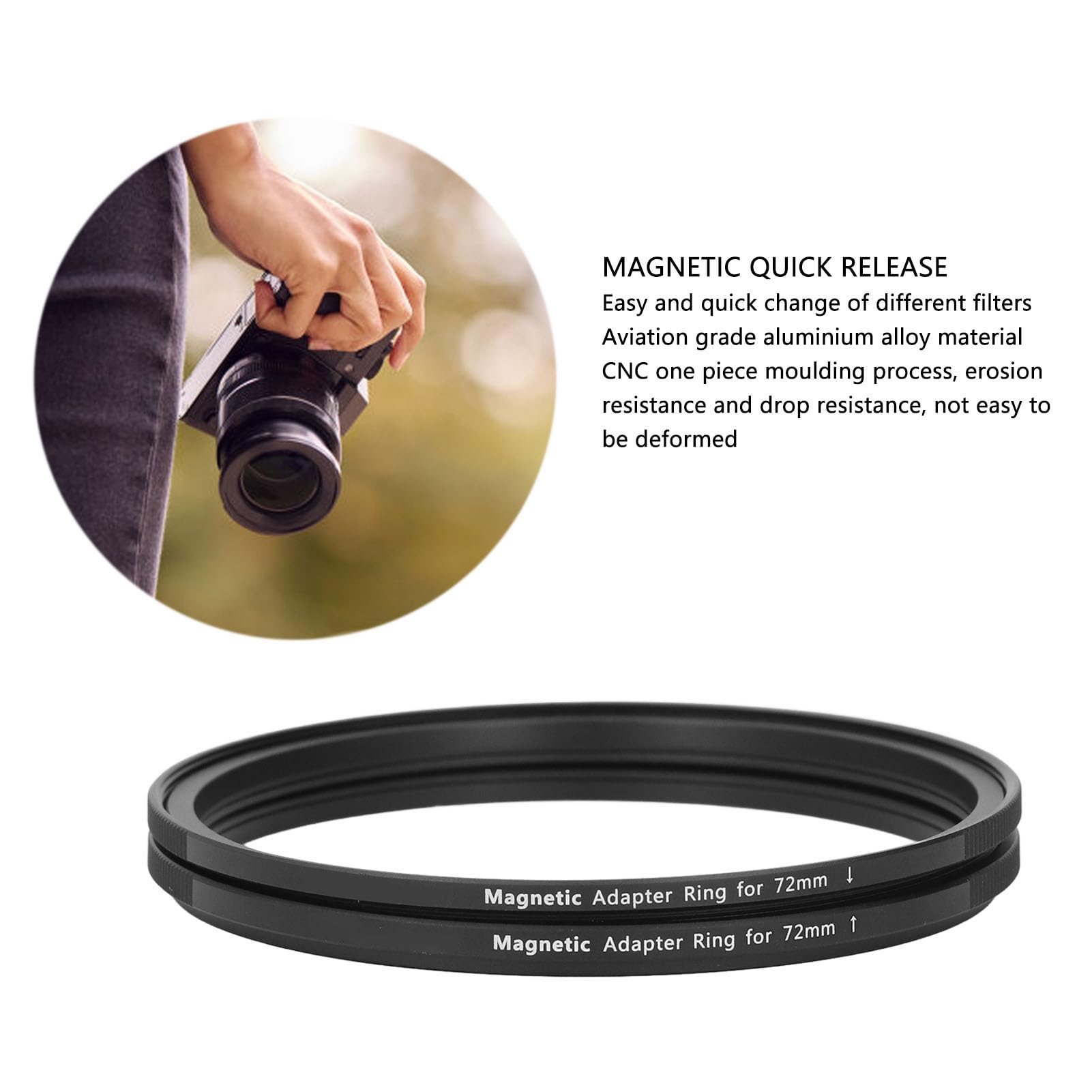 Anillo Adaptador de Filtro Magnético de 72 Mm, Adaptador de Anillo de Filtro de Lente de Aleación de Aluminio para Cámara, con Proceso de Moldeado CNC, Resistente a la Erosión y