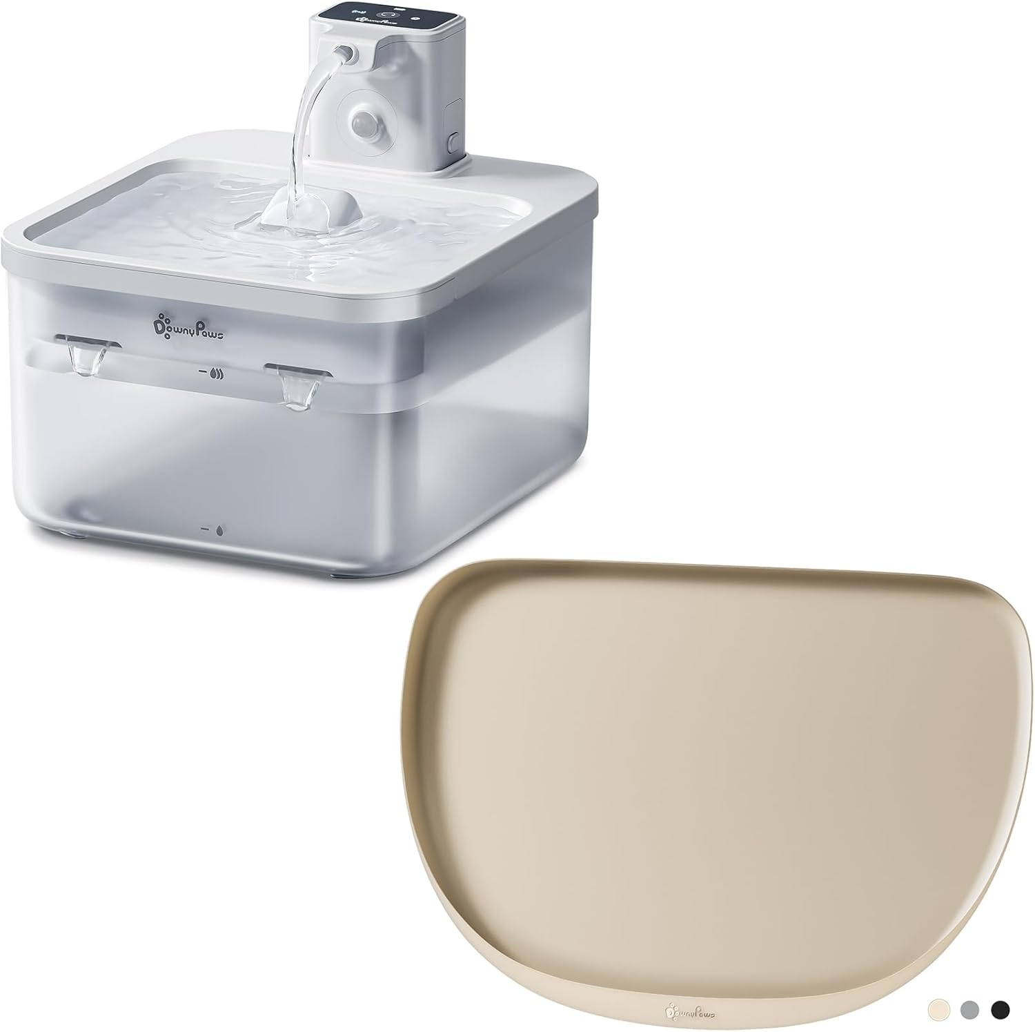 DownyPaws Battery Operated Cat Water Fountain White and Dog Cat Food Mat for Food and Water, 24"×17", Almond