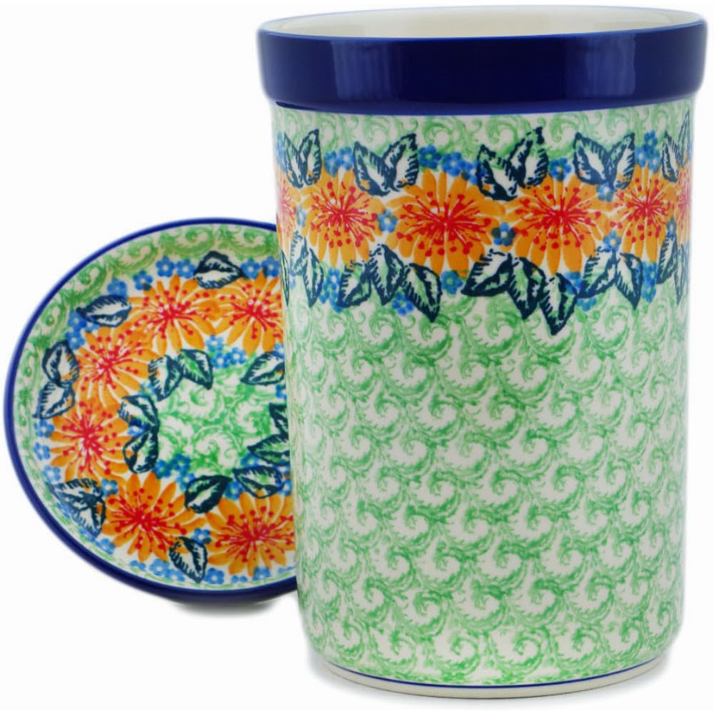 Authentic Polish Pottery Wine Chill with Saucer Signature UNIKAT in Marigold Chain Design Handmade in Boles?awiec Poland by Ceramika Artystyczna + Certificate of Authenticity