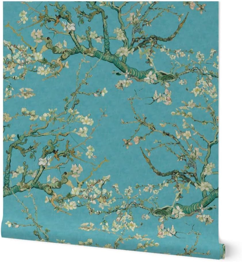 Spoonflower Commercial Grade Wallpaper 27ft x 2ft - Almond Blossom Chinoiserie Large Scale Teal Tree Branch Aqua Traditional Wallpaper