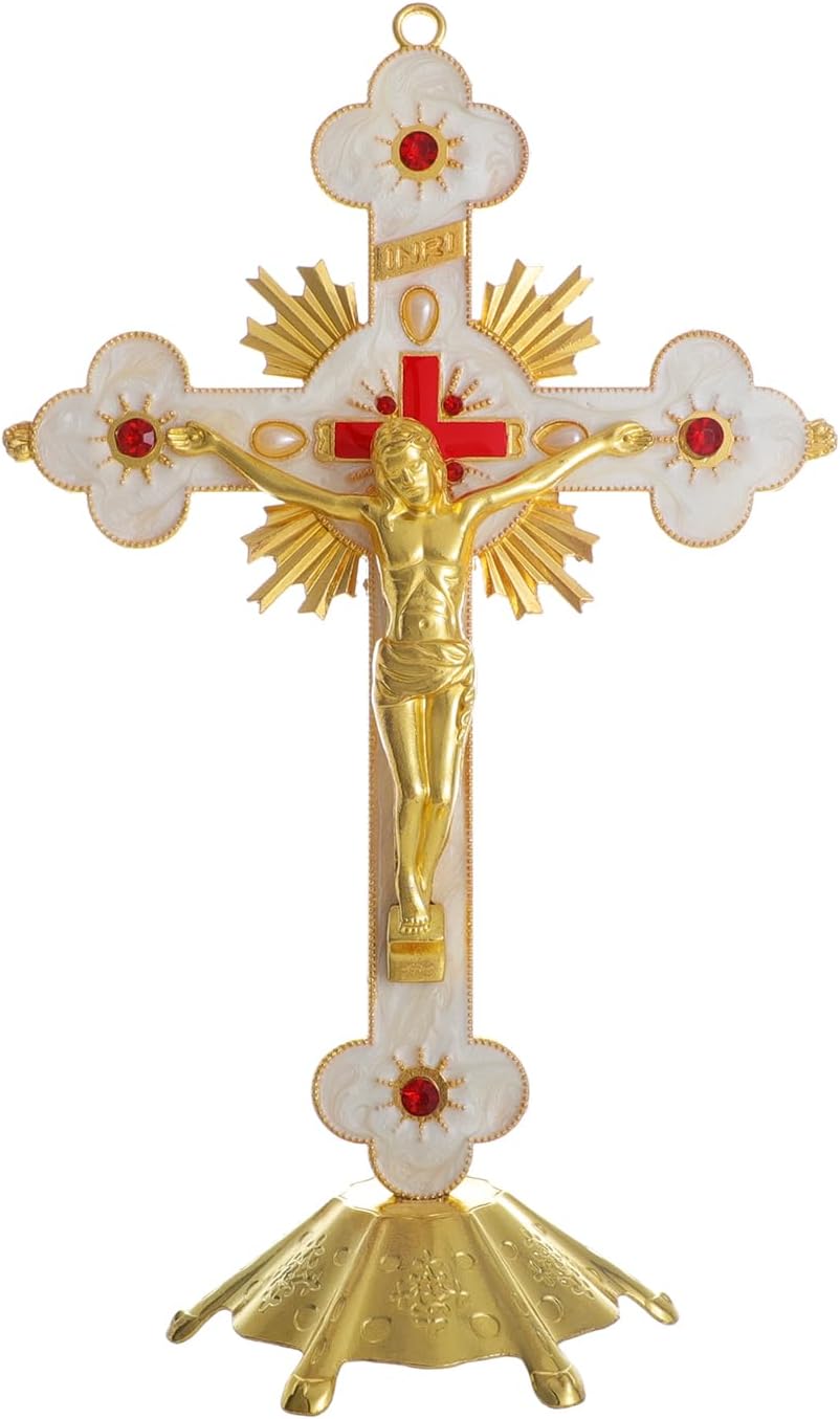 KOMI Standing Cross Catholic Decor for Tabletop 8" Metal Jesus Crucifix Standing Cross Statue for Chapel Home Decoration Religious Gifts