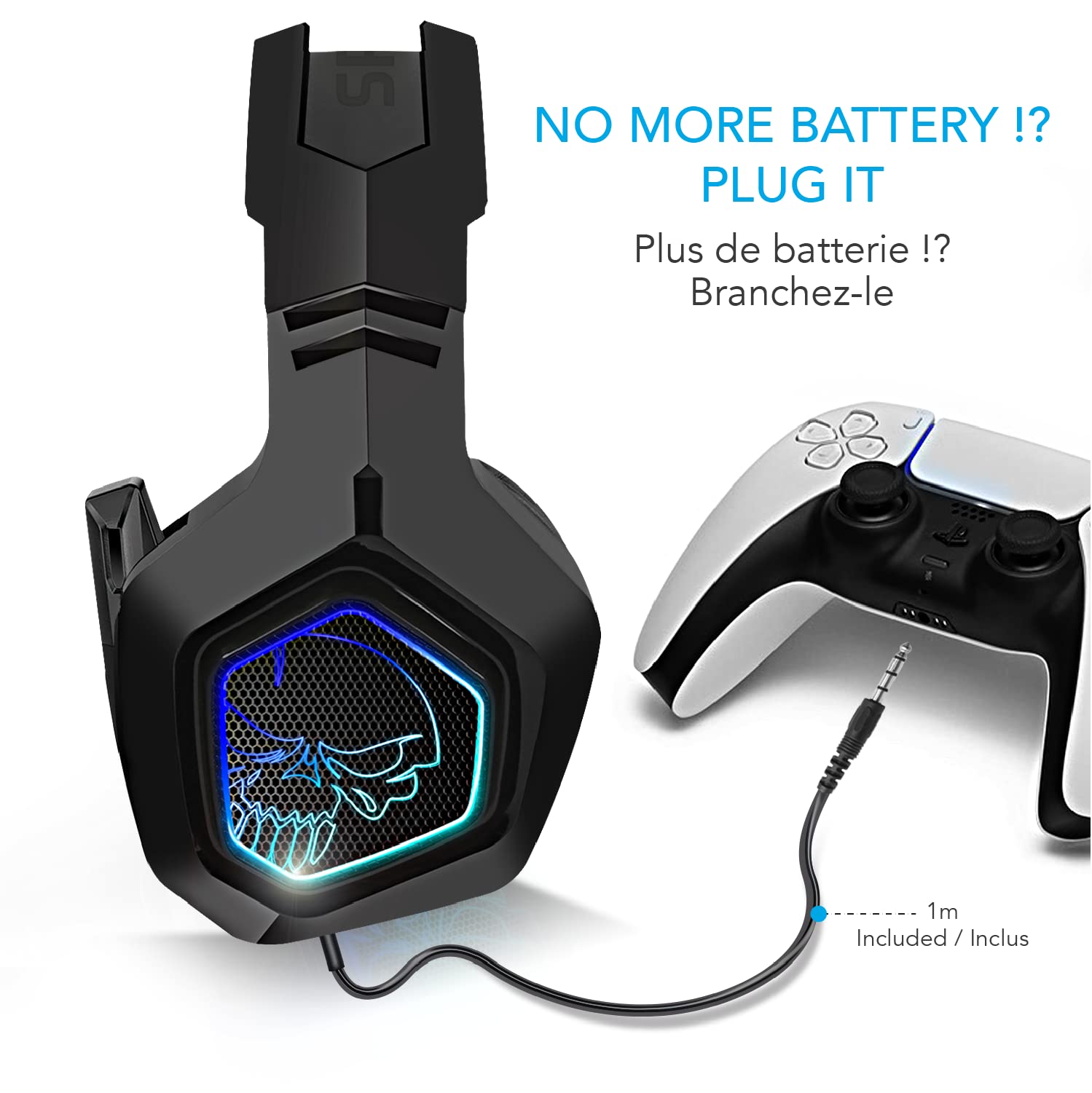 Spirit of Gamer – XPERT-H900 – Casque Audio sans Fil Full Black Pro Gamer – Basses Puissantes - LED Bleues - Simili Cuir - Microphone – 12H Autonomie – Multiplateforme PS5 / PC / PS4