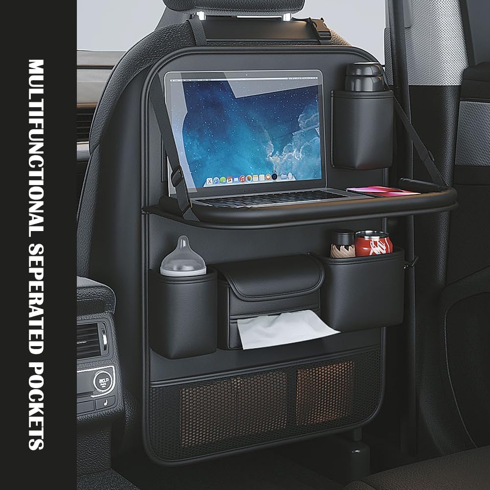2 Pack Leather Car Backseat Organizer with Foldable Table Tray, Car Storage Organizer with Tablet Holder, Car Seat Back Protectors Kick MatsTravel Accessories