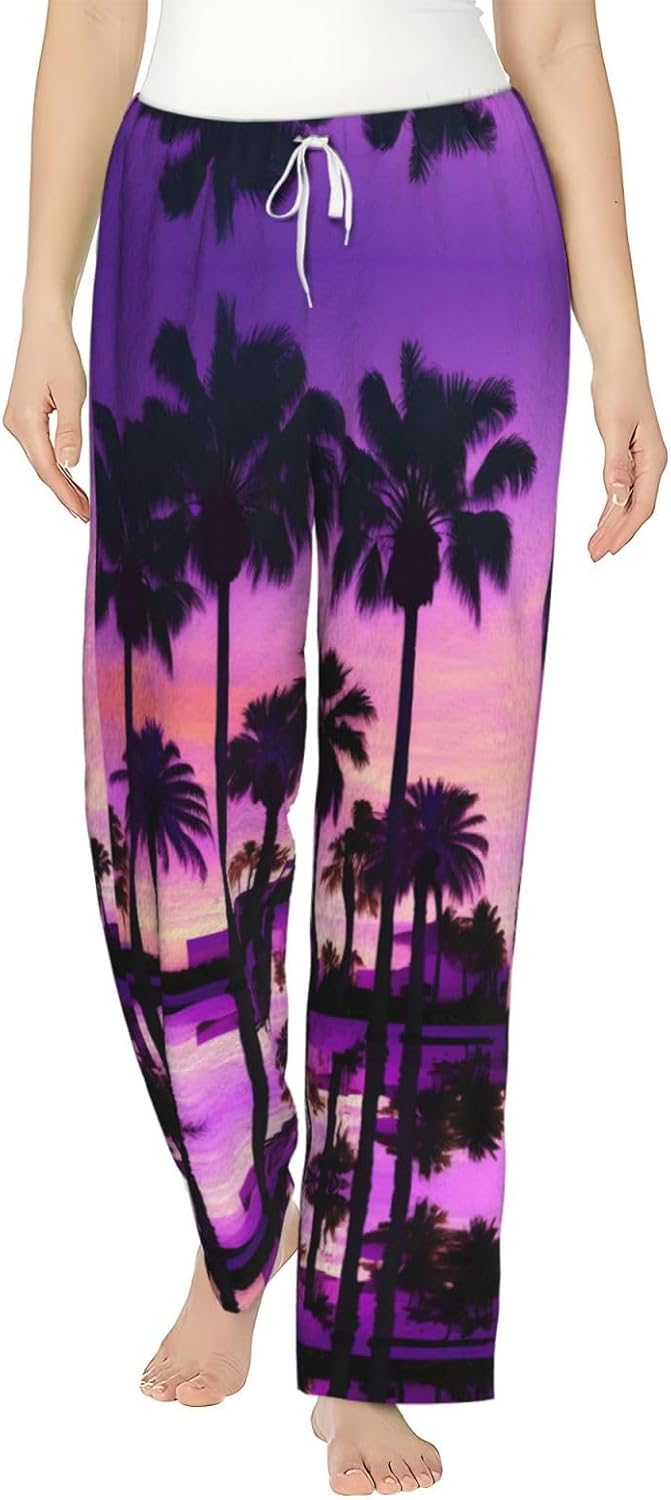 Palm Tree Purple Sunsets Print Cozy Flannel Pajama Pants For Women,Warm Christmas Pj Pants,Cute Fleece Pajamas