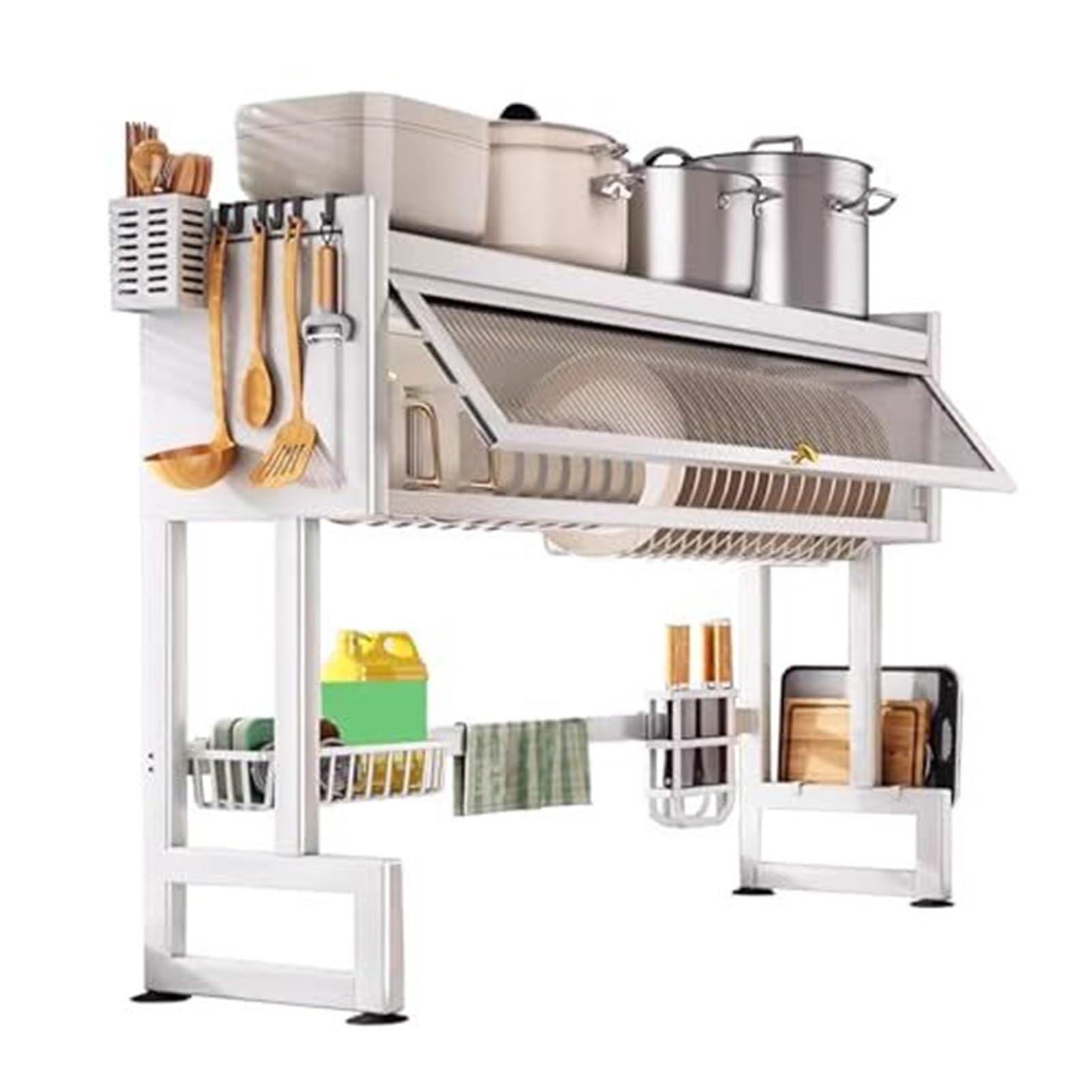 SaryEdge 2 Tier Stainless Steel Over The Sink Dish Drying Rack - Space Saver Kitchen Counter Drying Rack with Sink Caddy, Utensil & Cutting Board Holder - Organize and Dry Dishe,