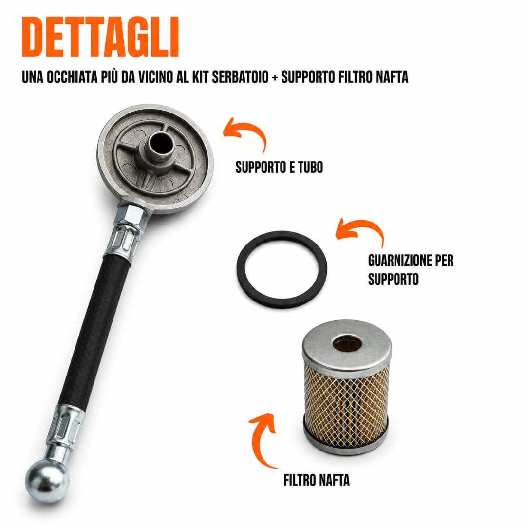 Generico Kit Serbatoio Completo + Supporto Filtro Nafta + Tasselli Serbatoio + Tubo Collegamento compatibile per motori Lombardini Diesel 6LD360 6LD400 6LD435 LDA520 per motozappa e motocoltivatore