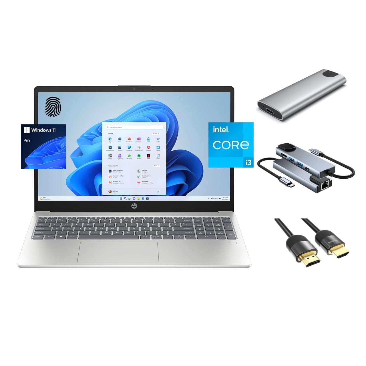HP Daily Essential Laptop, 15.6" FHD, 8-Core Intel i3-N305 (Beats i5-1135G7), 8GB RAM, 256GB SSD + 256GB Portable SSD, FP Reader, Webcam, KeyPad, WiFi 6, 3-in-1 External Storage Bundle, Win 11 Pro
