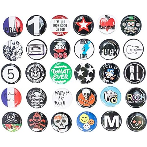 Huge Wholesale Set of 30Pc Cool Buttons Pins Badges 80's Punk Rock Hardcore Skull Buttons pins Slogans Sayings pin,Lapel pin for Clothes/Bags/Backpack/Hats/Jeans and More... Cover