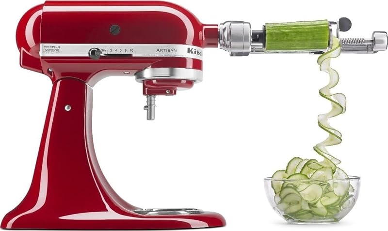 Accesorio para espiralizador de frutas y verduras de 7 hojas KitchenAid, KSM2APC | Se adapta a todas las batidoras de pie KitchenAid, espiralizador de 7 cuchillas con pelar, descorazonar y rebanar, rejilla superior de cuchillas Apto para lavavajillas