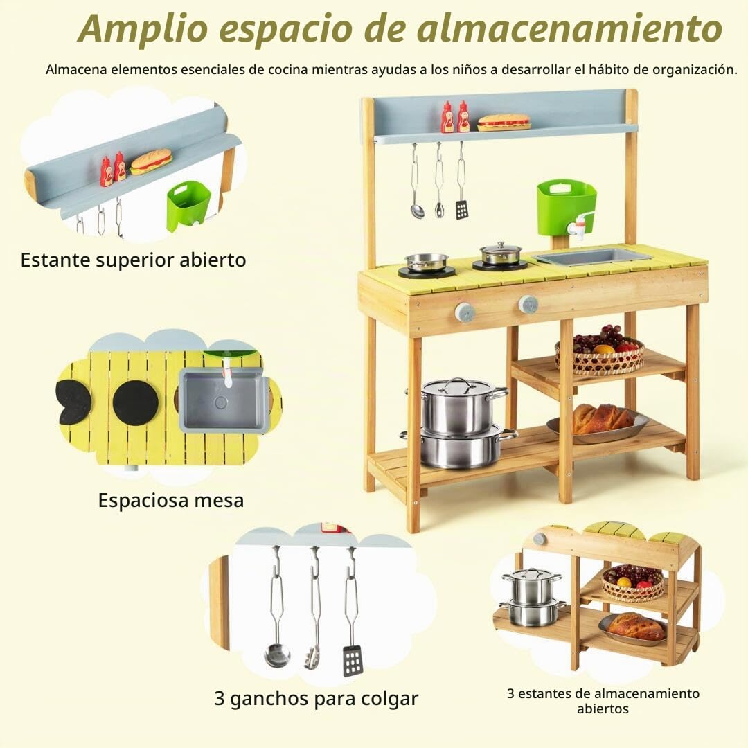 HOMASIS Cocina Infantil de Barro, Cocina Juguete con dispensador de Agua, Fregadero, Cocina de Juegos de Madera con Sonido, 3 Ganchos y estantes, para Exterior, niños de 3+ años, 75x35x92cm (Natural)