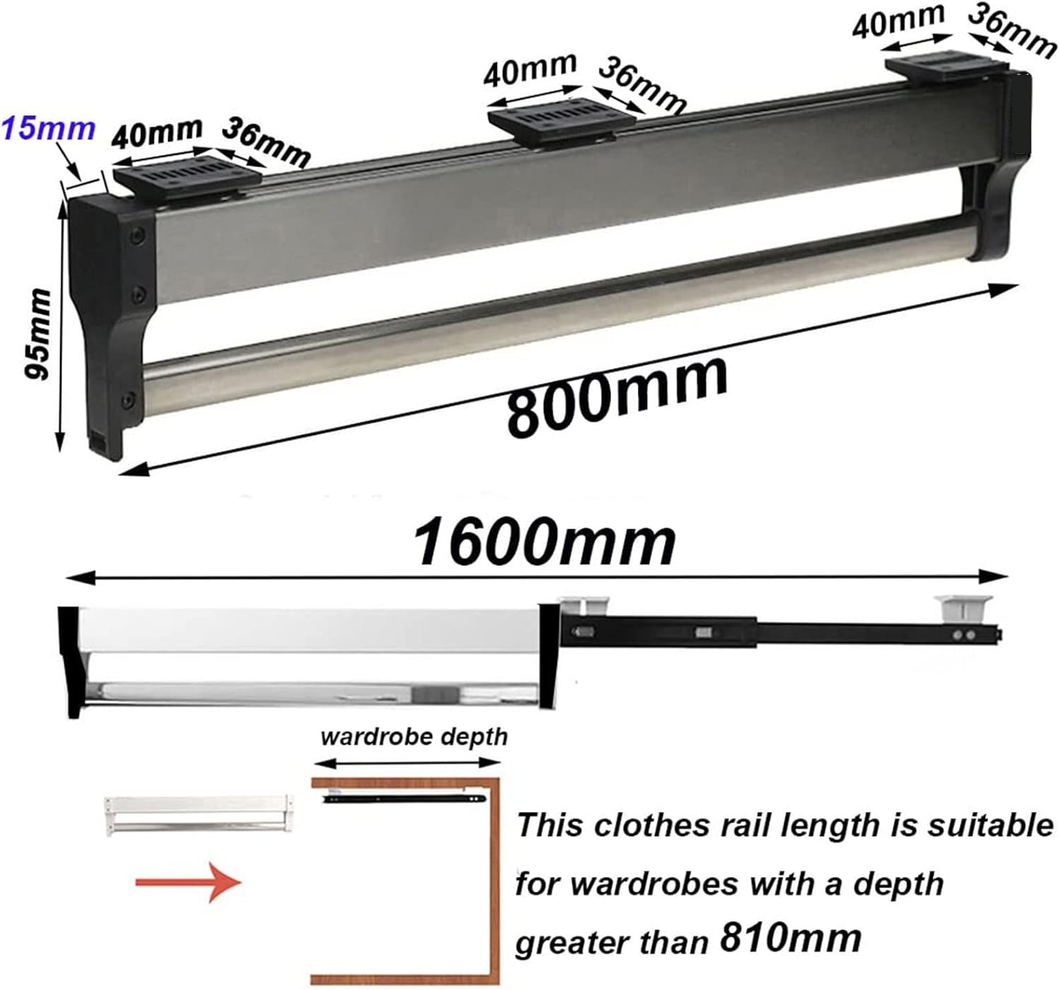 Extendable Pull Out Closet Rod - Adjustable Hanging Clothes Rail Rack with 2 Sliding Rails - Durable 201 Steel Finish, 30-80cm (31.5inch) Wardrobe Organizer