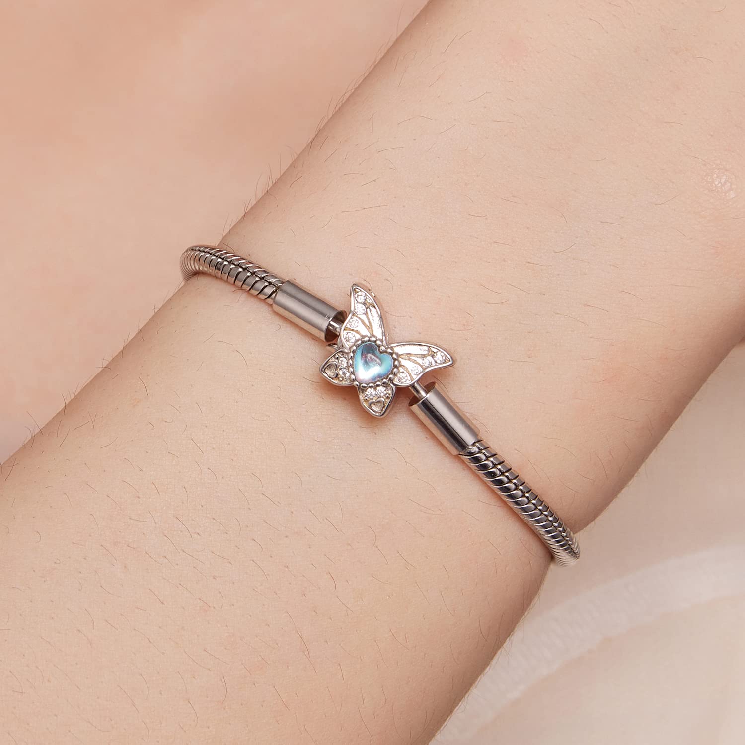 LLXYWJ Pulsera de Cadena de Serpiente de Plata de Ley 925 para Pulseras Europeas Brazalete de Mariposa