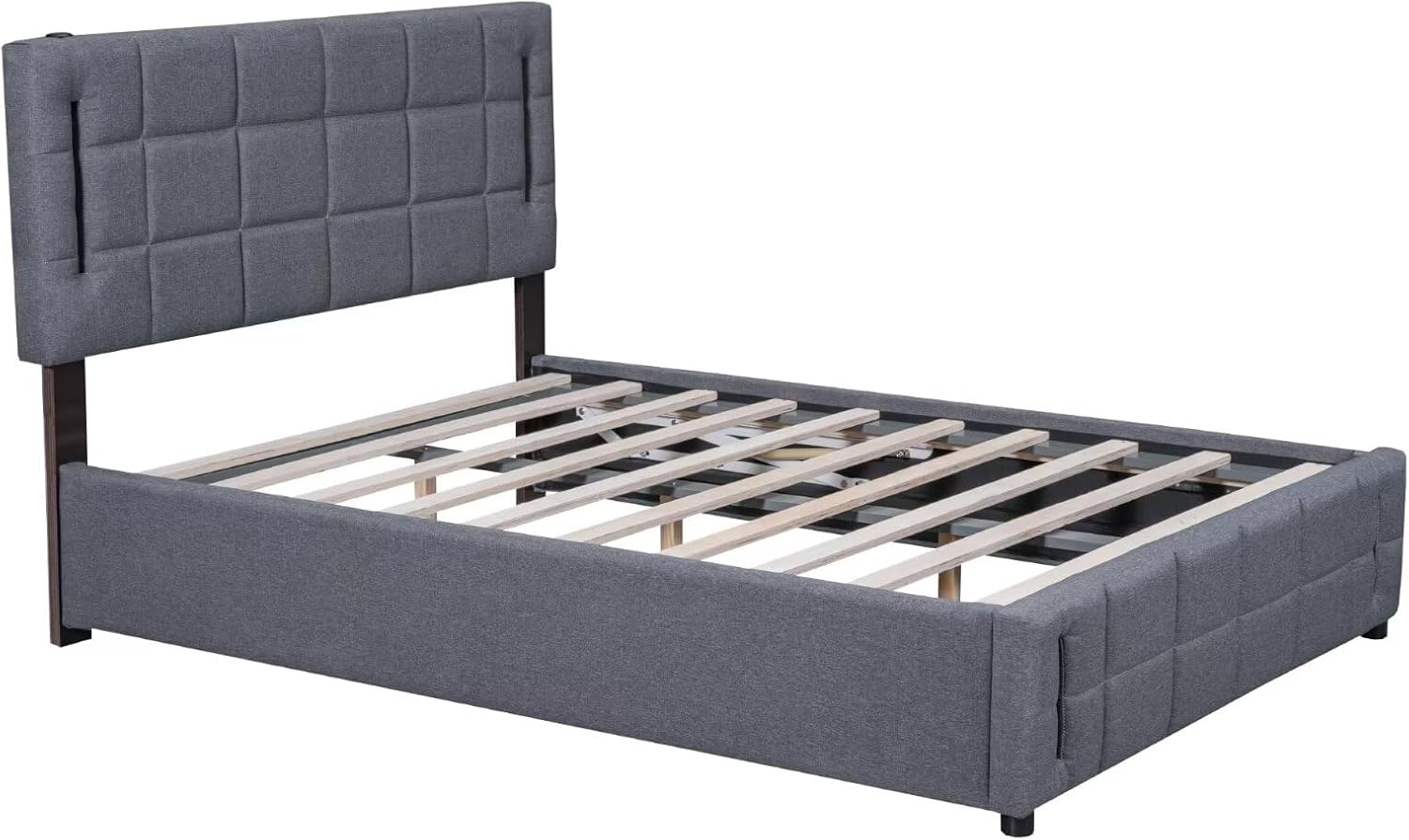 Merax Lift Up Storage Bed with Power Outlets, Queen Bed Frame, Wooden Slat Support/No Box Spring Needed, Grey