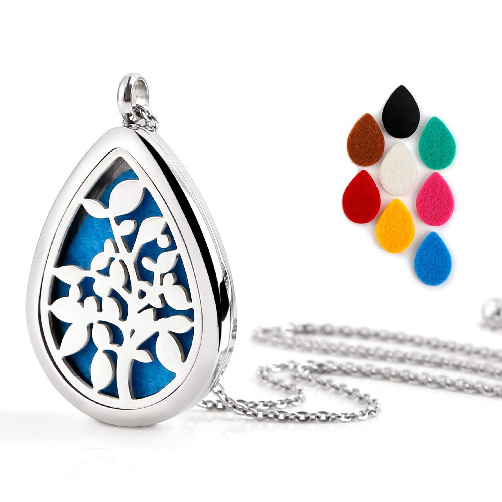 TT-Star Teardrop Aromatherapy Essential Oil Diffuser Necklace Locket Pendant with 8 Refill Pads(Silver)