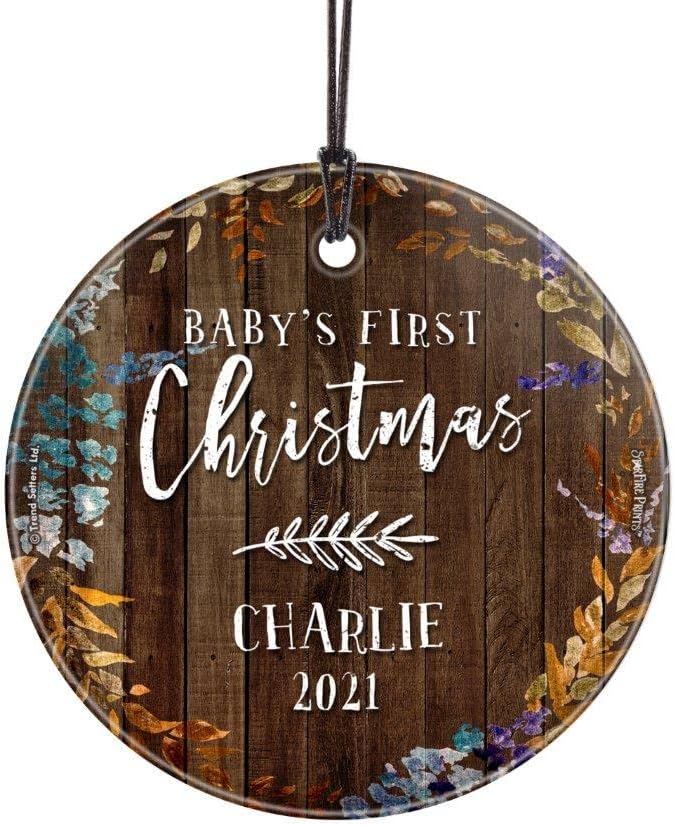 Baby’s First Christmas Hanging Glass Print – Baby Personalized – Jewel Tone Leaves and Wood – Suncatcher Hanging Print Christmas Tree Date Display 3.5" Circle | Free Red Velveteen Gift Bag