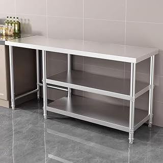 Three Tier Commercial Preparation Table,Multifunctional Kitchen Work Table with Slot for Gas Tank,Spacious Chopping Countertop Workbench,Restaurant Kitchen Prep Table,120cm