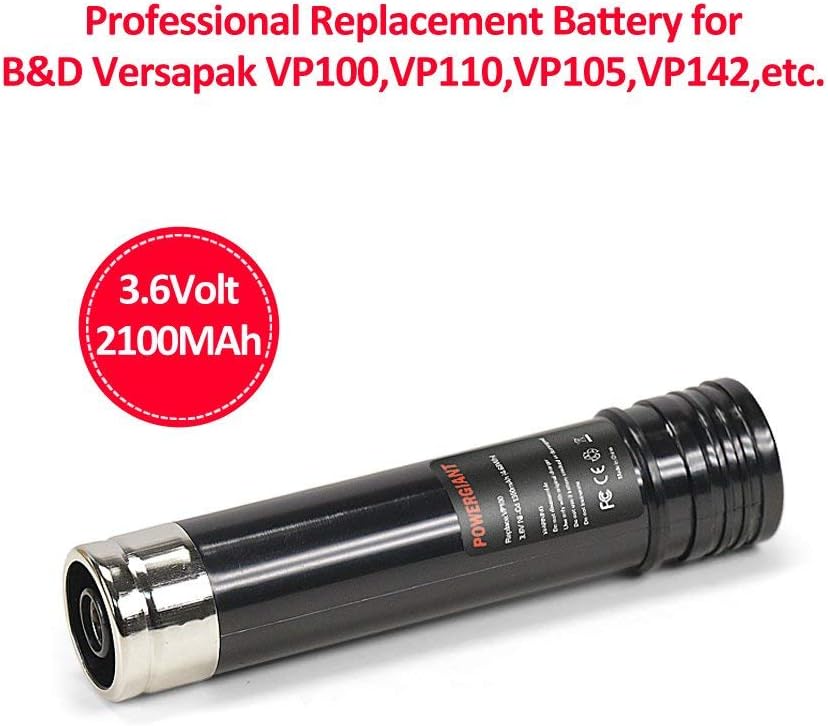 Powergiant 3.6V 2100mAh Ni-MH Replacement for Black & Decker Versapak Battery VP100, VP110, VP105, VP100C, VP105C, VP110C, VP143, ScumBuster DustBuster Screwdriver Battery