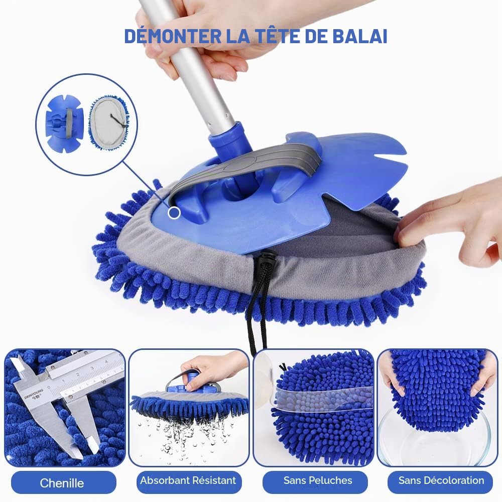 URAQT Brosse Lavage Voiture Télescopique, 160cm Nettoyage à Manche Long Vadrouille, 3en1 Microfibre Balai Pinceau, avec 2 têtes de Vadrouille et Un Chiffon en Microfibre, pour Véhicule Voiture Camion