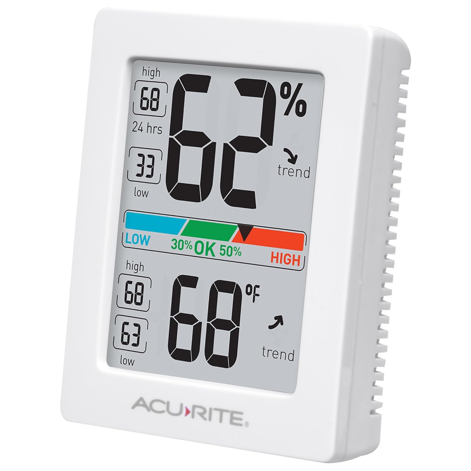 AcuRite Digital Hygrometer and Thermometer angled view, showing the display and side vents.